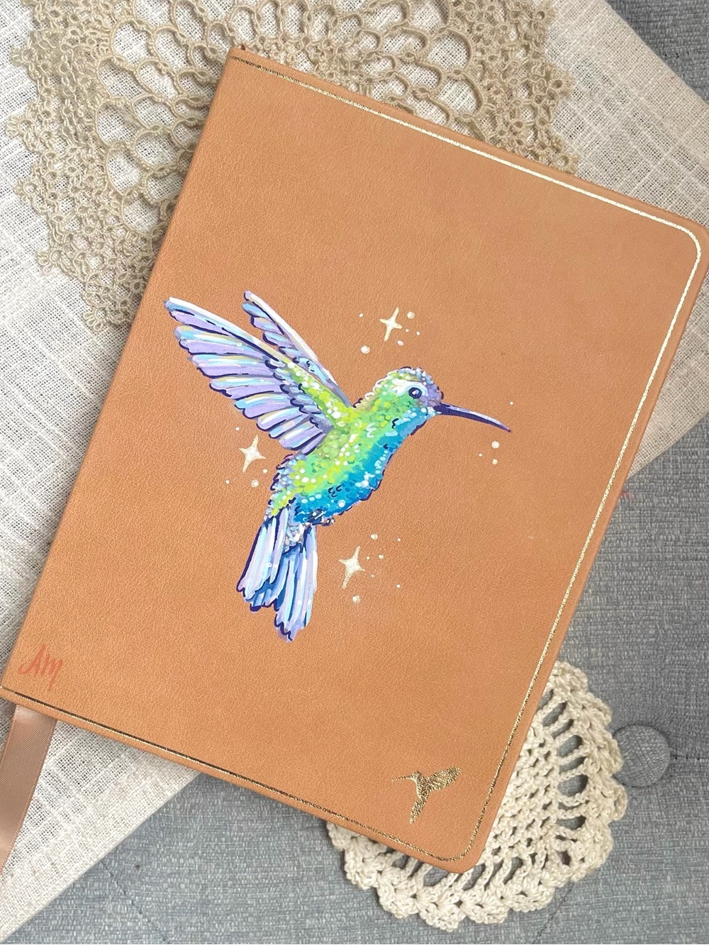 Papyrus Leather Journal Hand Painted Hummingbird Lined Notebook New